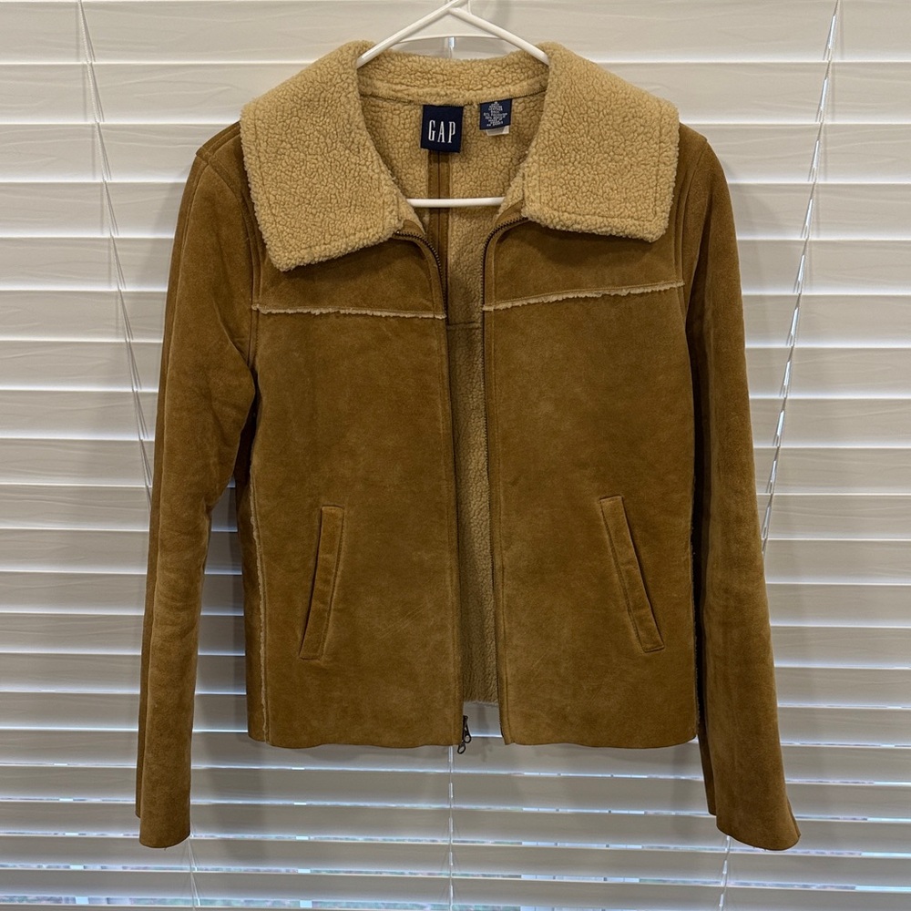 GAP Women's Brown Genuine Leather Jacket with Shearling Style Collar